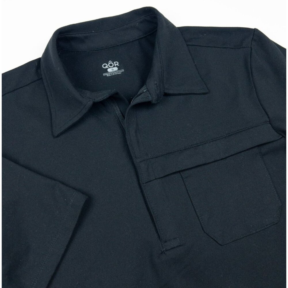 QOR Polo Shirt Men’s Small Black Stretch Short Sleeve 1/4 Zip Pullover Stretch